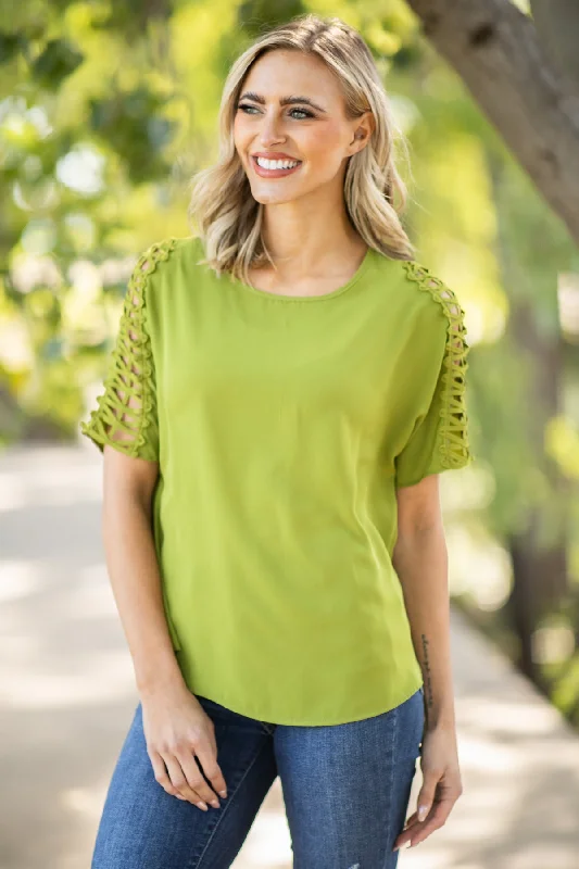 women's tops for those who want to add a bit of flair and personality to their looksLight Olive Lattice Sleeve Top