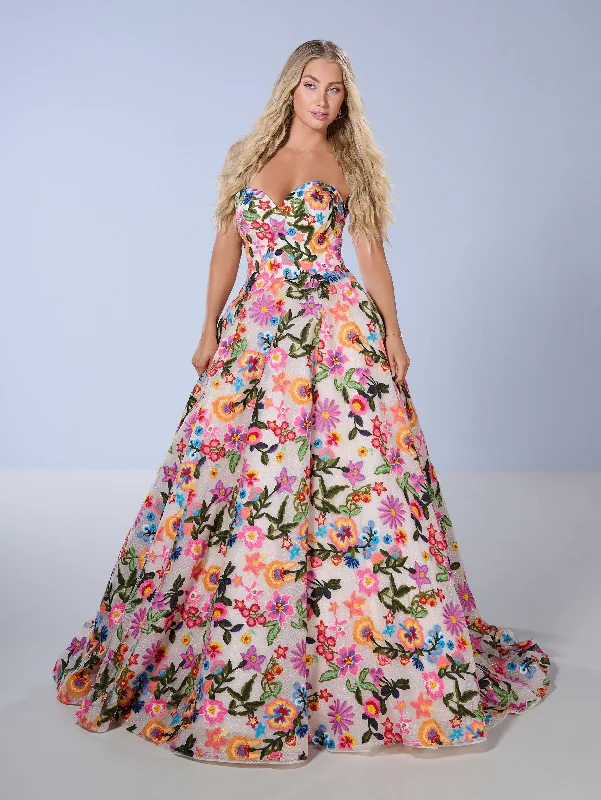 Formal Dress for Destination WeddingsFloral Print Strapless Gown by Tiffany Designs 16176