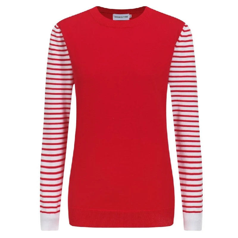 women's tops for those who refuse to compromise on styleWomen's red  Knitted T-shirt with Horizontal striped sleeves