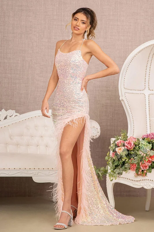 Formal Dress for Oscar NightsFitted Sequin Feather Slit Gown by GLS Gloria GL3131