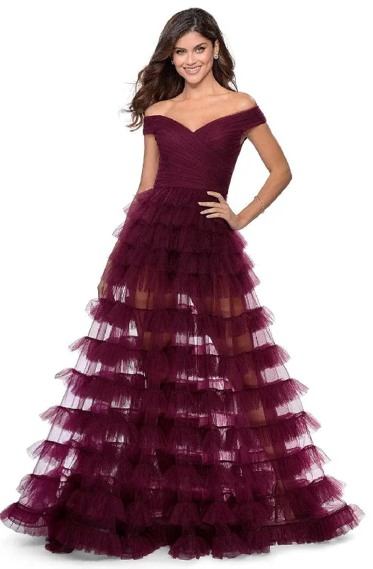 halter prom dressesLa Femme 28804SC - V-Neck Illusion Tiered Prom Dress