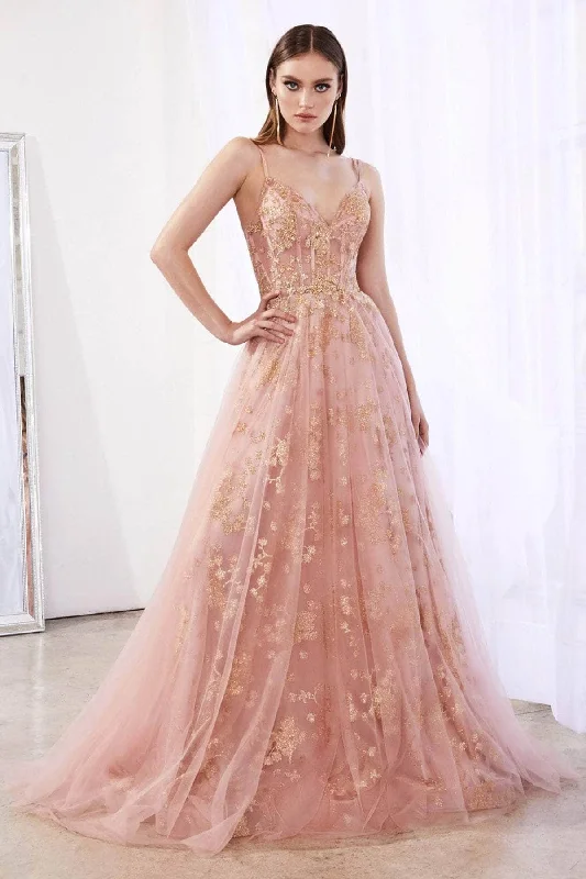 lace-up prom dressesLadivine CB047 - Beaded Appliqued V-Neck Prom Gown