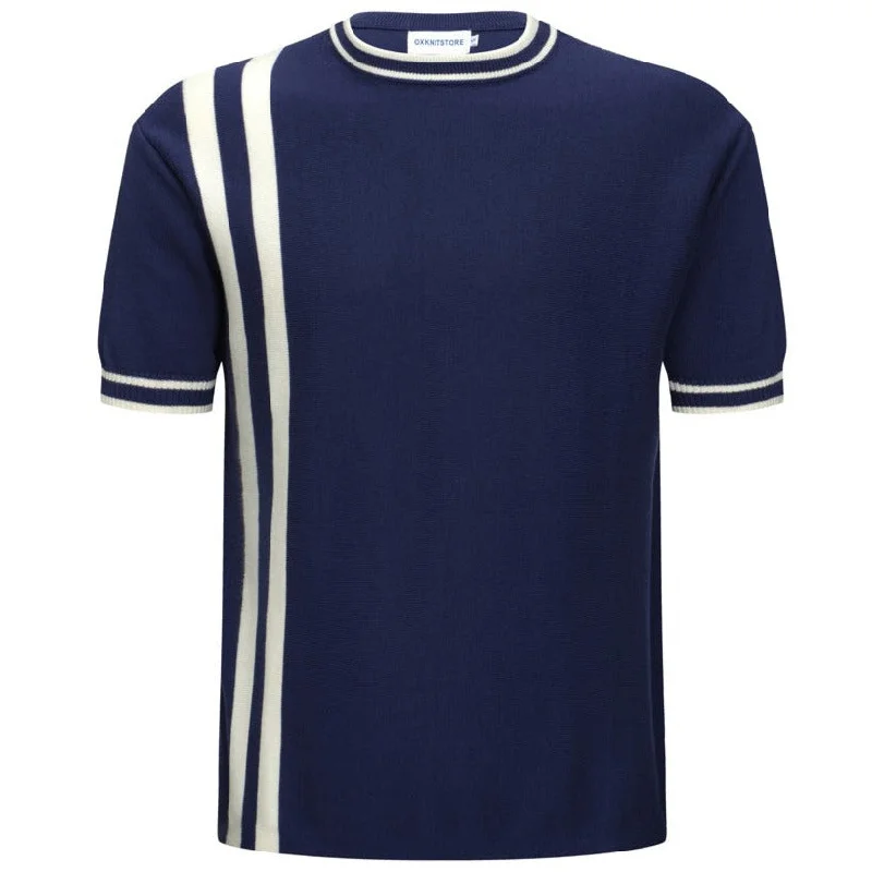 women's tops for cocktail partiesMen's Navy Knitted T-Shirt With Double White Racing Stripe