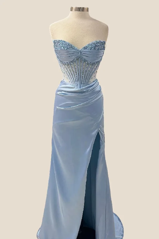 Formal Dress for Rustic ThemesBeaded Light Blue Corset Mermaid Long Formal Dress