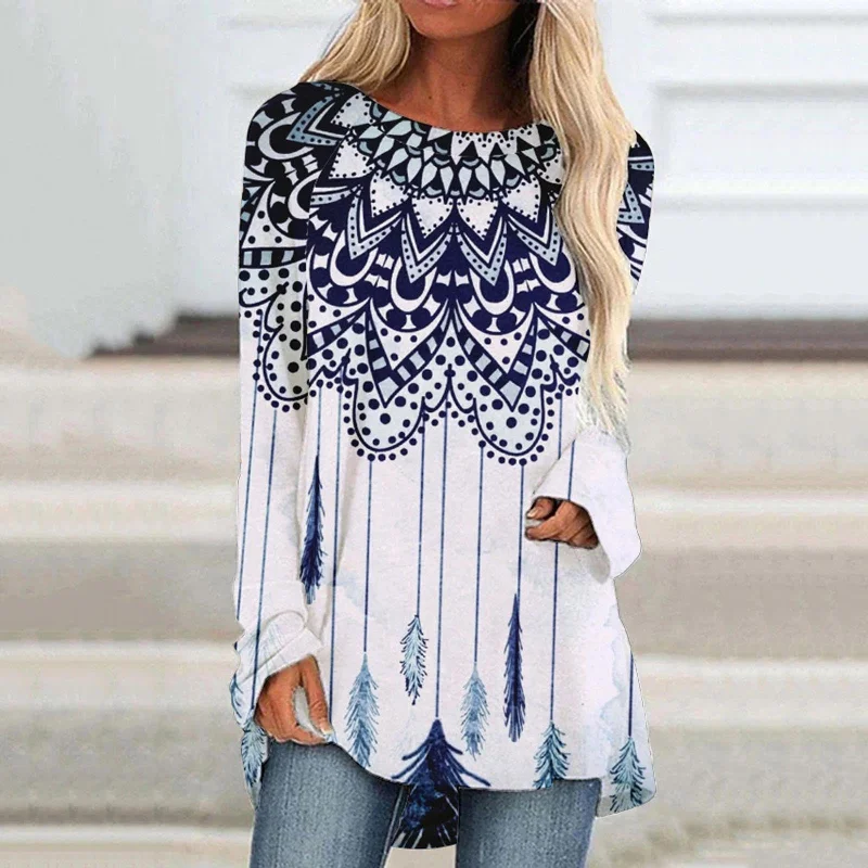 women's tops for fashion-conscious professionalsJuliaFashion - 2024 Women Casual Round Neck Shirt Long Sleeve Ethnic Print Blouse