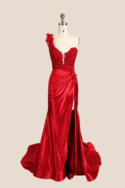 Formal Dress for Resort EventsOne Shoulder Red Appliques Ruched Mermaid Formal Dress