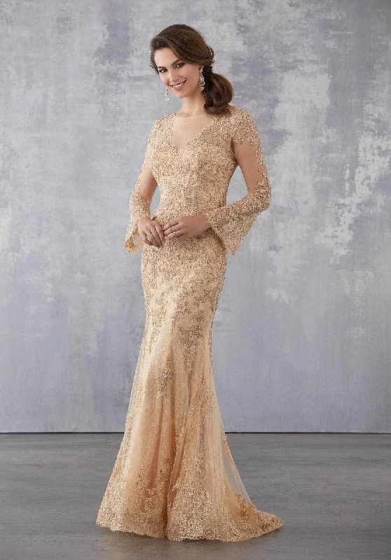 off-shoulder prom dressesMGNY By Mori Lee 71735SC - Embroidered Sheer Long Sleeve Prom Dress