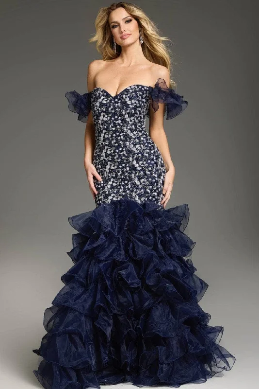 dark prom dressesJovani 38115 - Ruffle Off-Shoulder Prom Gown