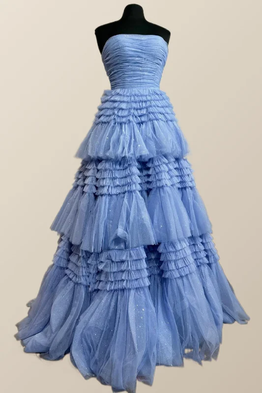 Formal Dress for Fashion WeeksStrapless Periwinkle Tulle Tiered Formal Dress