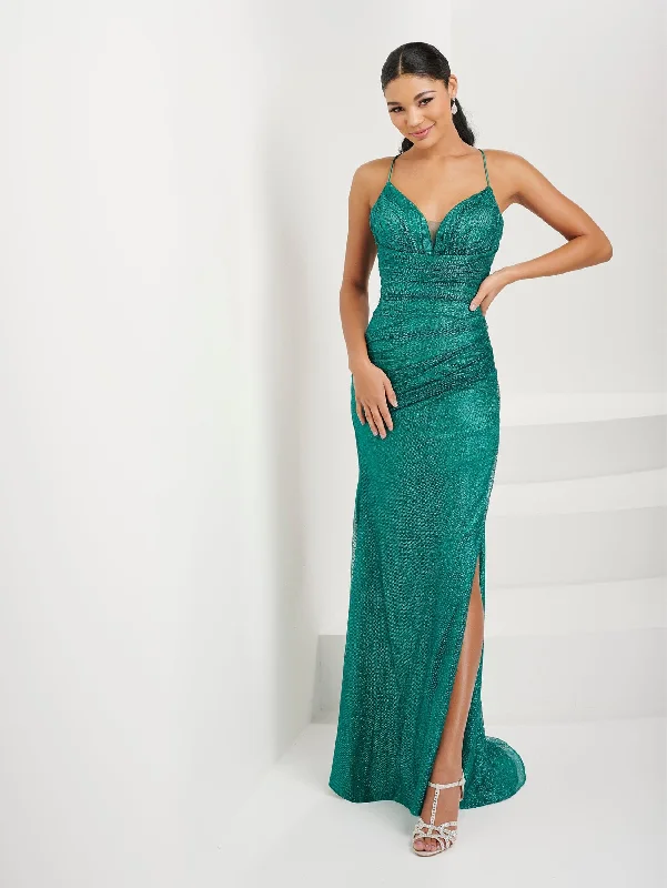 Formal Dress for Sustainable FashionFitted Glitter Lace-Up Slit Gown by Tiffany Designs 16075