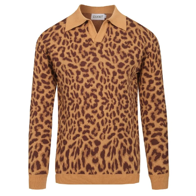 women's tops for those who want to invest in timeless piecesMen's Brown leopard print vintage V-neck polo shirt