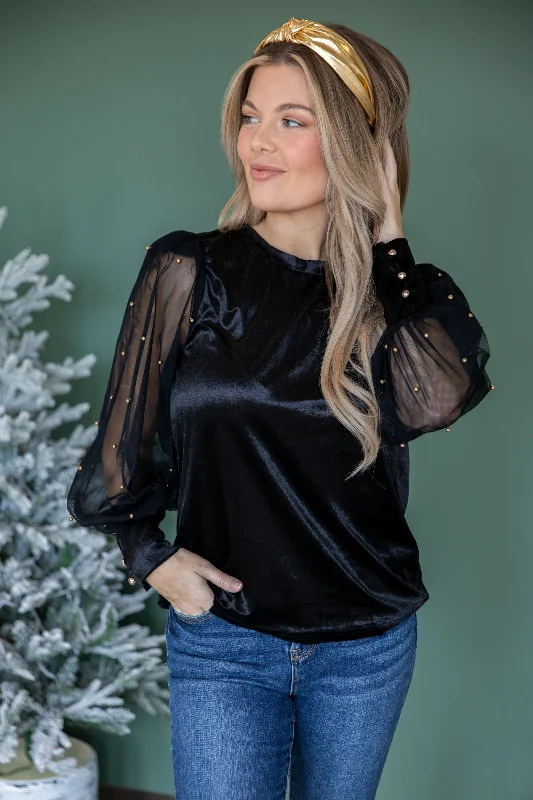 plus-size women's topsBlack Top With Mesh Balloon Sleeves