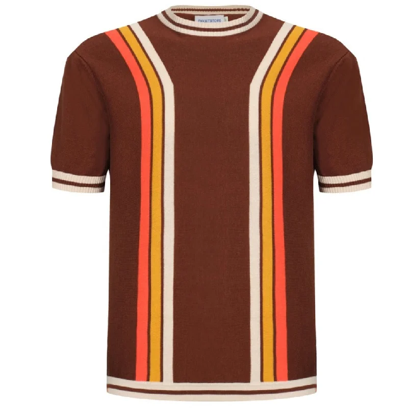 women's tops for those who want to add a pop of color to their outfitsMen's Brown Knitted T-Shirt With Orange & Yellow & Ecru Waffle Stripe