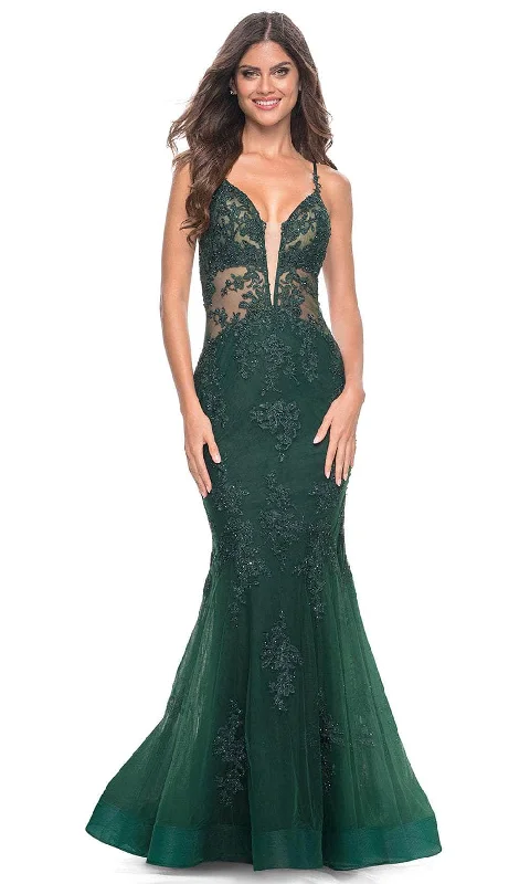 prom dresses for plus-size figuresLa Femme 32305 - Strappy Back Embroidered Prom Gown