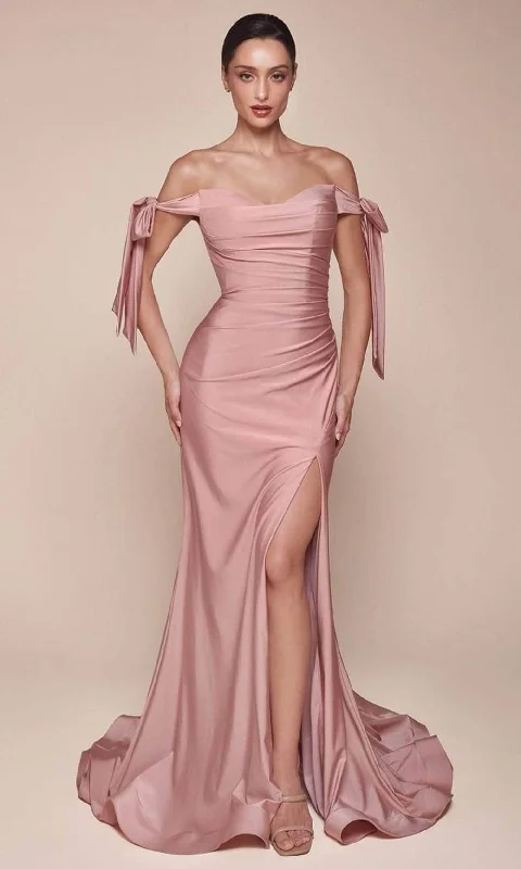 backless prom dressesCinderella Divine - CD943 Off-Shoulder Luxe Jersey Prom Dress