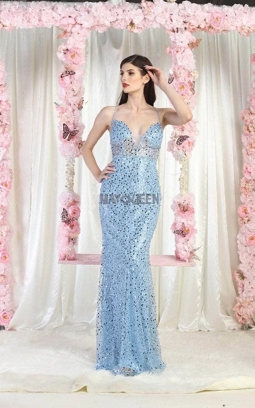 tulle prom dressesMay Queen RQ7993 - Plunging Sequin Prom Dress