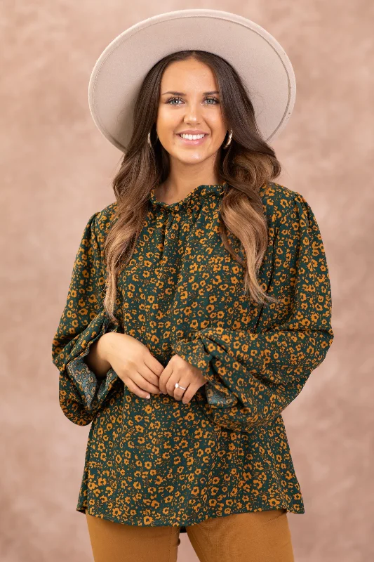 women's tops with cold-shoulder cutsEmerald Green and Copper Floral Print Top