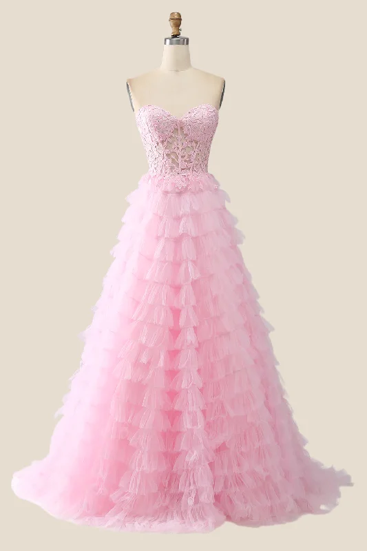 Plus Size Formal Dresses OnlinePink Sweetheart Lace and Tulle Tiered Gown