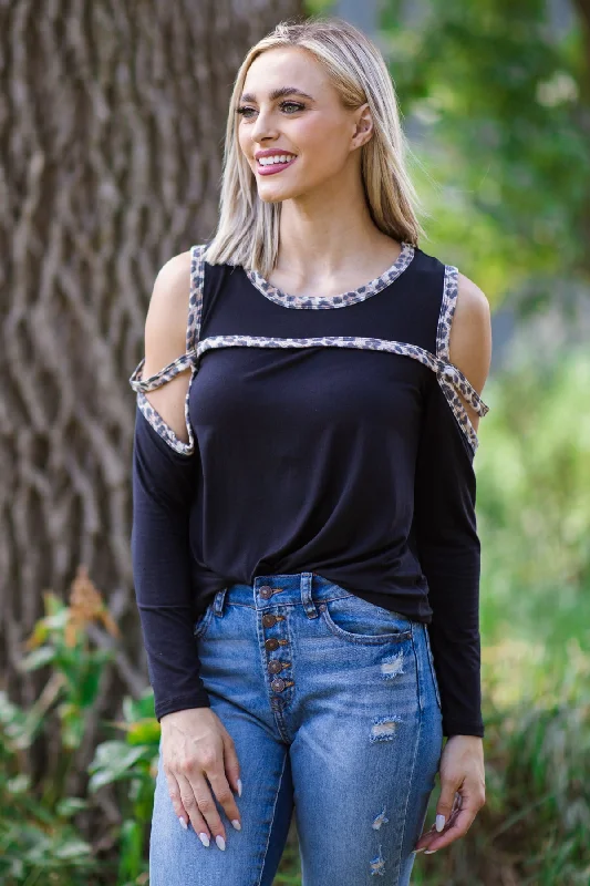 women's tops for those who want to create outfits that are both unique and memorableBlack and Tan Animal Print Trim Top