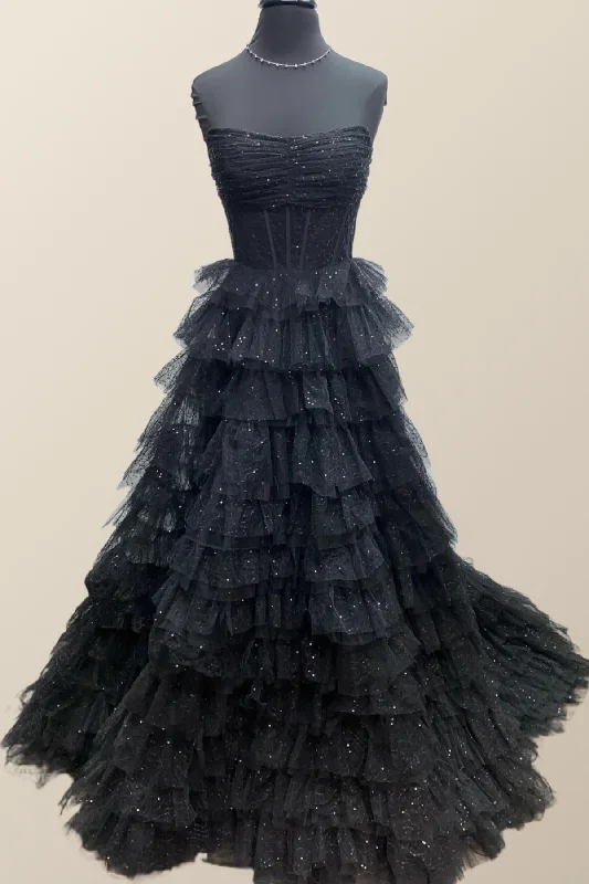 Formal Dress for Semi-Formal EventsStrapless Ruched Black Tiered Long Formal Dress