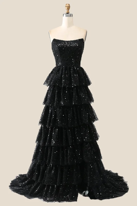 Formal Dress Rental ServicesBlack Sparkle Tulle Tiered Ruffles Gown