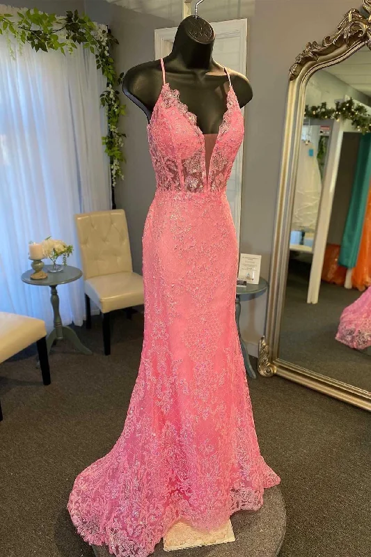 Formal Dress Trends 2023Hot Pink Floral Lace Plunge V Mermaid Long Formal Dress