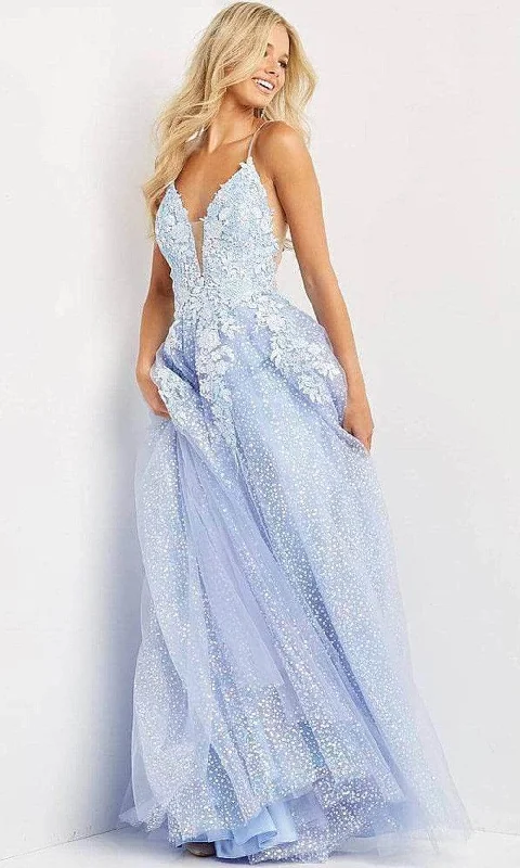 prom dresses with sequin detailingJVN by Jovani JVN07252SC - V-Neck Floral Appliqued Prom Gown