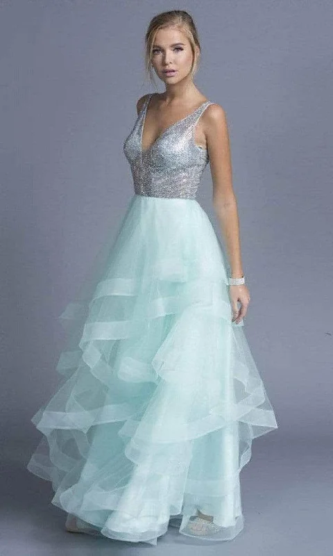 sparkly prom dressesAspeed Design - L1974 Plunging V Neck Sleeveless Prom Gown