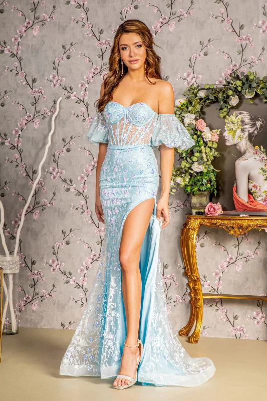 Formal Dress for DebutantesFitted Strapless Puff Sleeve Slit Gown by GLS Gloria GL3247