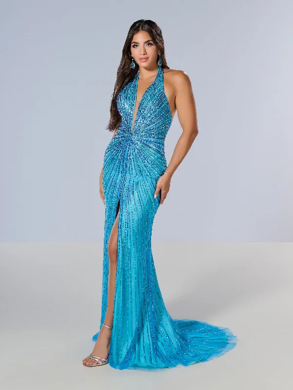 Formal Dress for Glamorous ThemesBeaded Fitted Halter Slit Gown by Tiffany Designs 16205