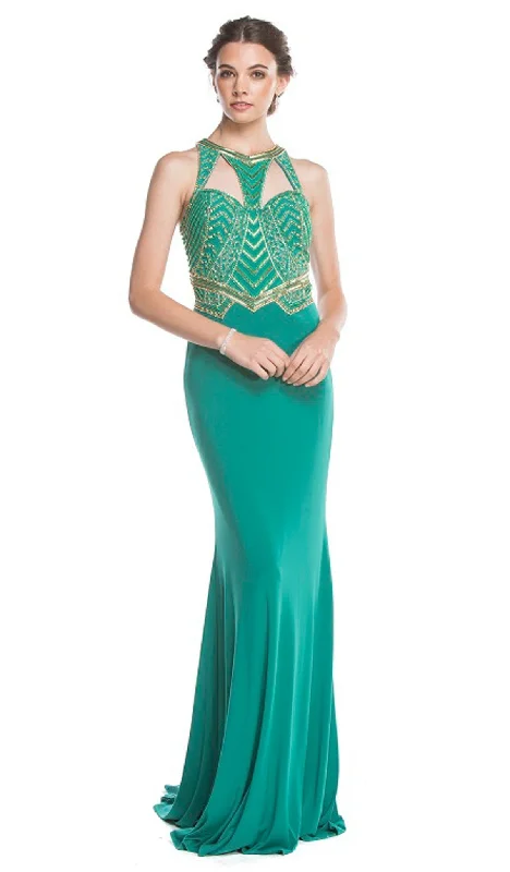 open-back prom dressesAspeed Design - Elegant Embellished Halter Sheath Prom Dress