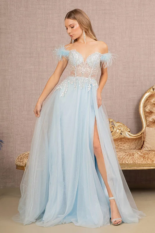 Formal Dress for New Year's EveOff Shoulder Feather Slit Gown by GLS Gloria GL3135