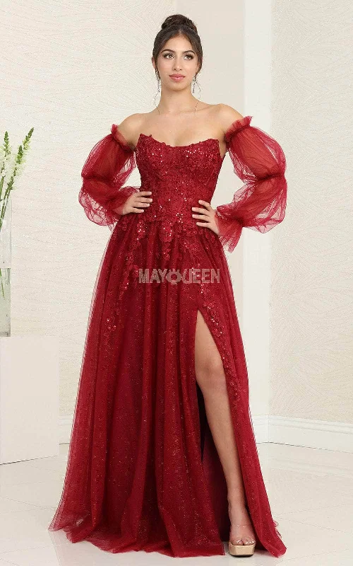 prom dresses for curve-hugging figuresMay Queen RQ8060 - Strapless Detachable Sleeve Prom Gown