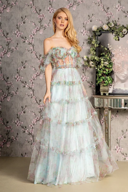 Formal Dress for Garden WeddingsPrint Off Shoulder Ruffled A-line Gown by GLS Gloria GL3394