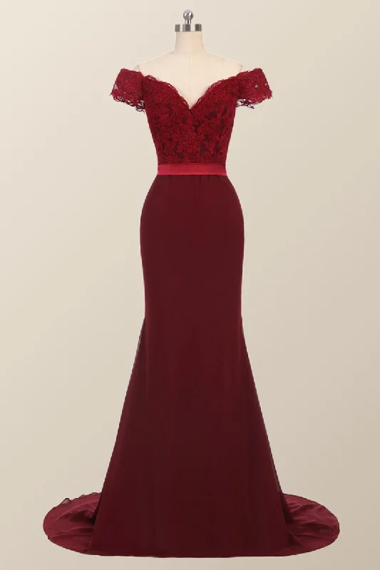 Formal Dress for Winter WeddingsOff the Shoulder Burgundy Mermaid Long Formal Dress