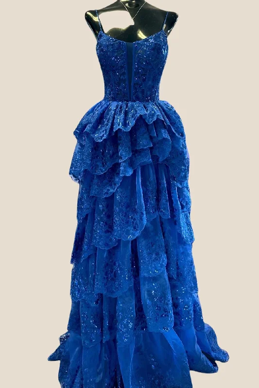 Formal Dress for Business EventsStraps Royal Blue Appliques Ruffles Long Formal Dress