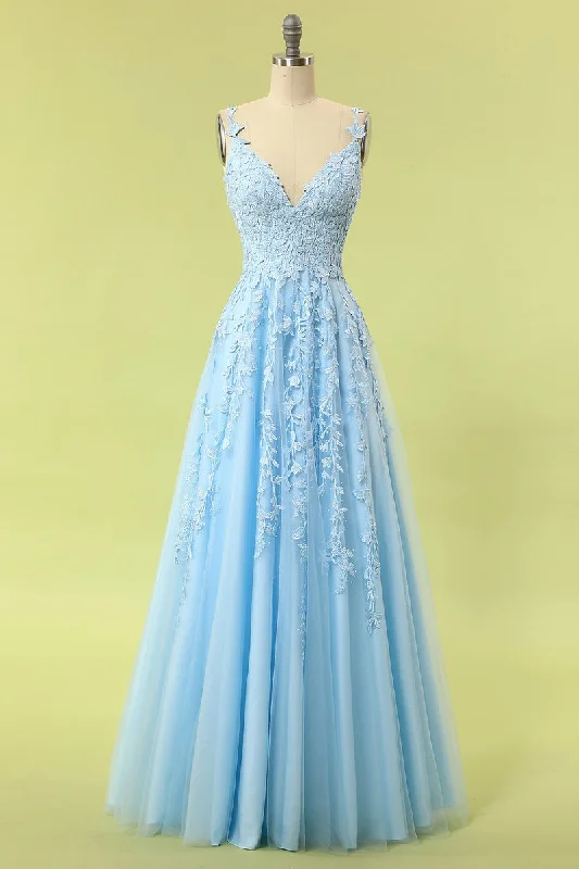 Formal Dress for Grammy AwardsBlue Lace Appliques A-line Long Formal Dress