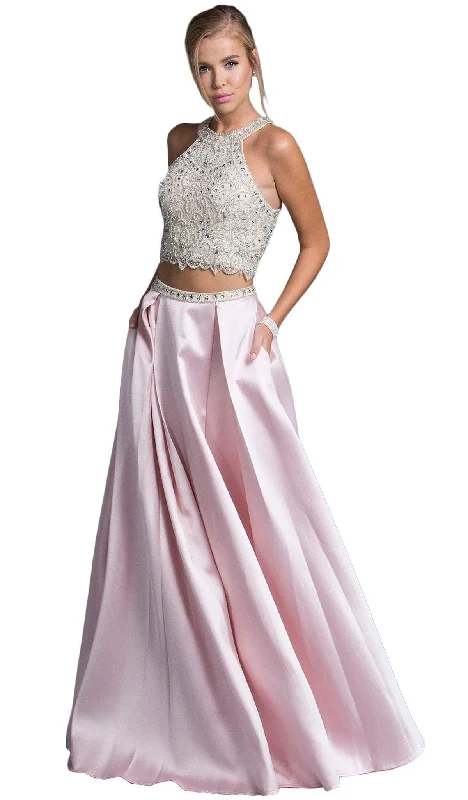 convertible prom dressesAspeed Design - Two Piece Bejeweled Halter Prom Gown