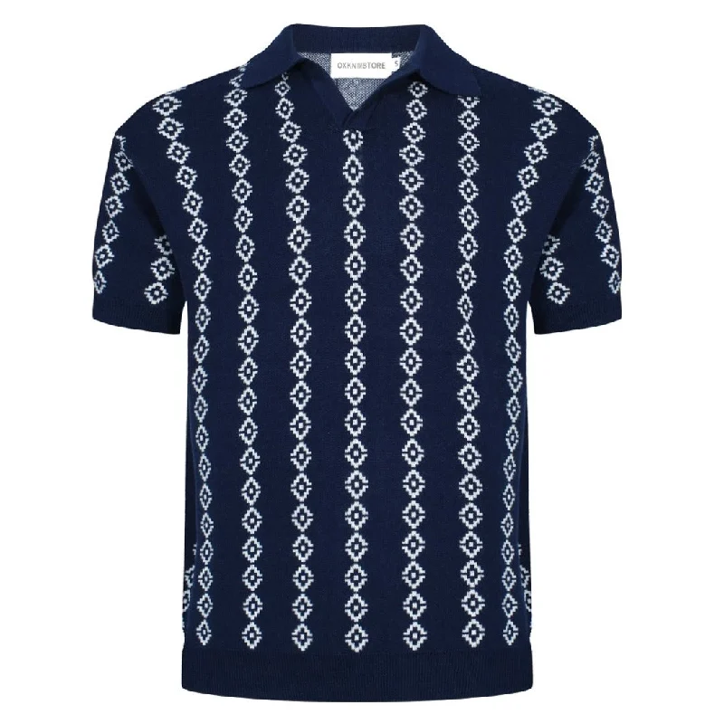 women's tops for those who want to make a fashion statementMen's Dark Blue Knit Polo Shirts With White Geometric Pattern