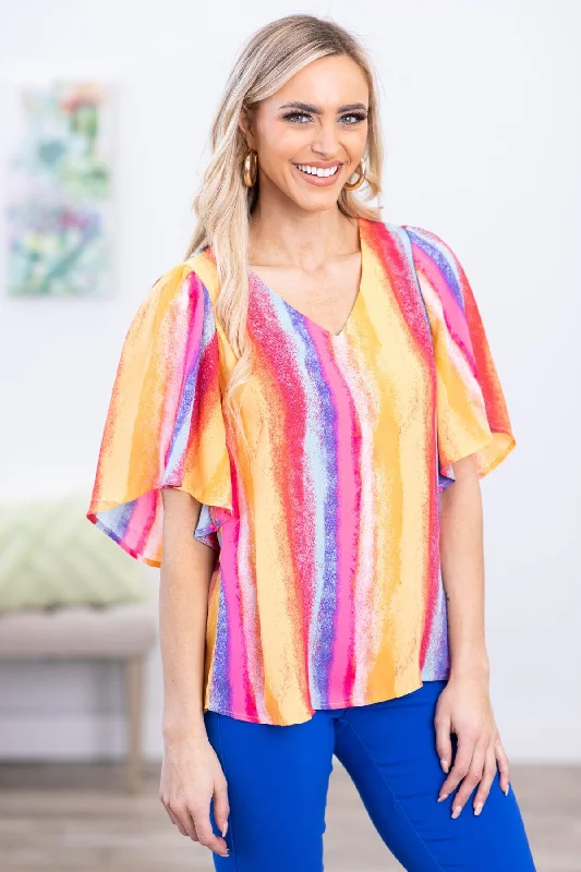 women's tops for those who want to show off their figure in a flattering wayRed and Yellow Multicolor Vertical Stripe Top