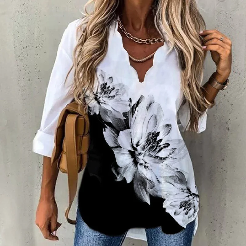 women's tops with cold-shoulder cuts and lace detailingJuliaFashion - 2024 Women Vintage Casual Shirt Flower Printed Patchwork Loose Shirt