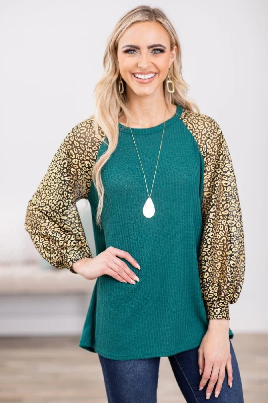 women's tops for relaxed weekendsEmerald Green and Gold Animal Print Sleeve Top