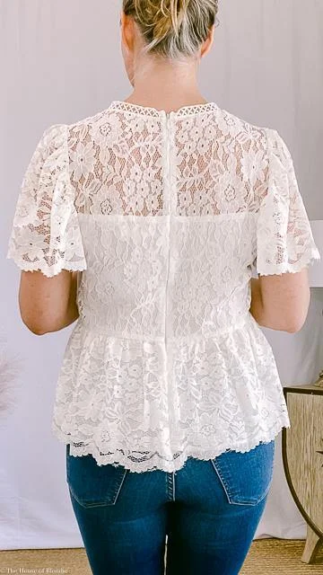 breathable women's tops for summerKacy Flutter Sleeve Lace Peplum White Top