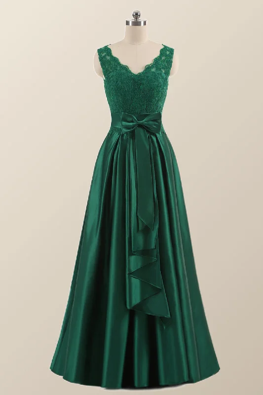 Formal Dress for Ballet PerformancesGreen Lace and Satin A-line Long Formal Dress