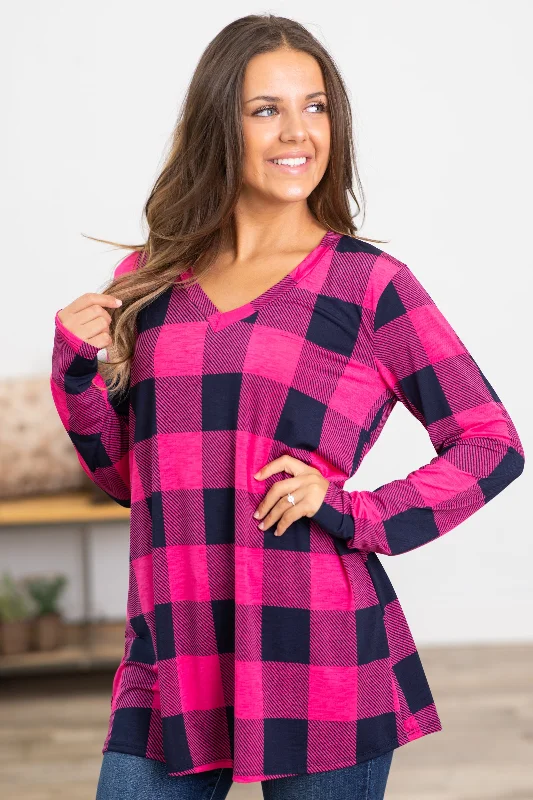 women's tops with sleeveless designsHot Pink and Navy Plaid V-Neck Top