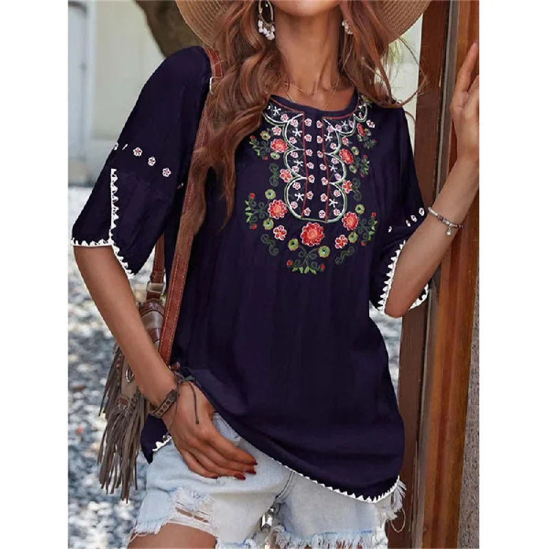 women's tops for evening soireesJuliaFashion - 2024 Women Casual O-Neck T Shirt Vintage Ethnic Floral Print Loose Top