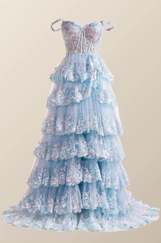 Formal Dress for Urban ThemesOff the Shoulder Light Blue Sequin Ruffles Long Formal Dress