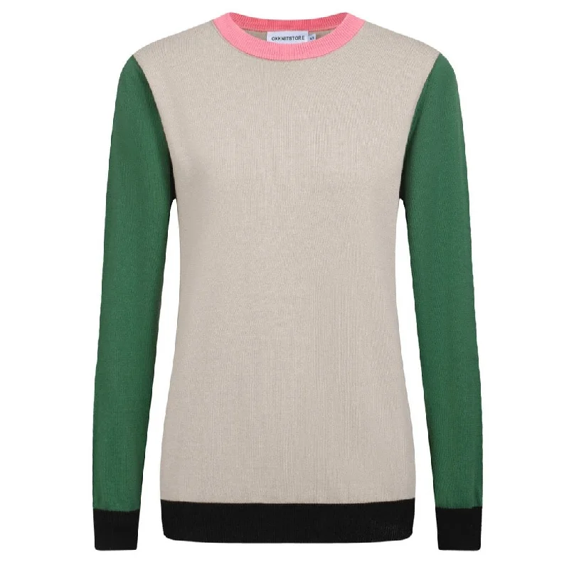 women's tops for those who love to shop for unique findsWomen's beige Knitted T-shirt with  green sleeves