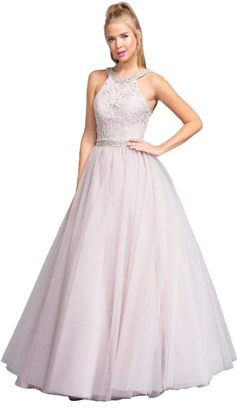 satin prom dressesAspeed Design - Jeweled Lace Halter Prom Ballgown