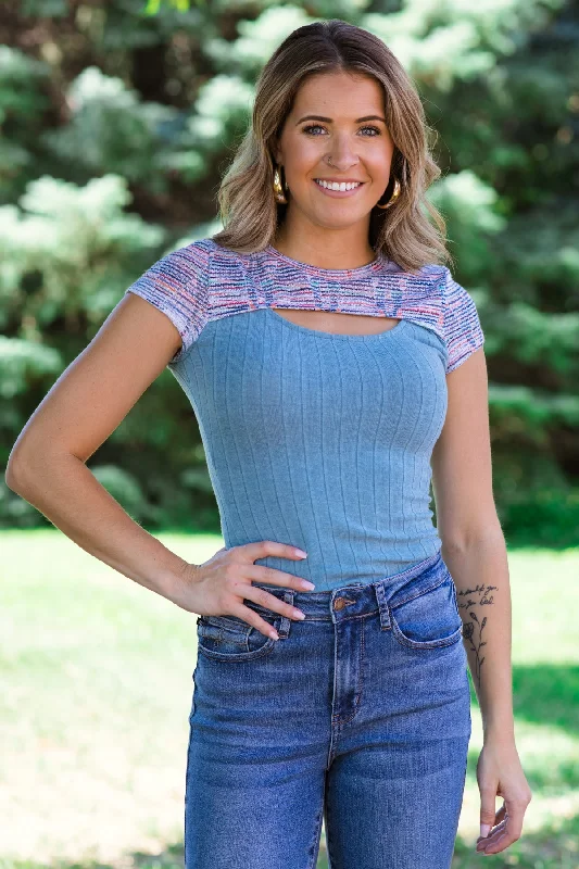 women's tops for those who want to create outfits that are both unique and memorableDusty Blue Multicolor Rib Knit Top With Cutout